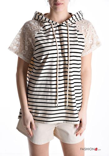 Striped short sleeve Cotton T-shirt with hood