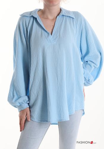 Camicia in Cotone maniche a palloncino con colletto scollo a V - ph 1