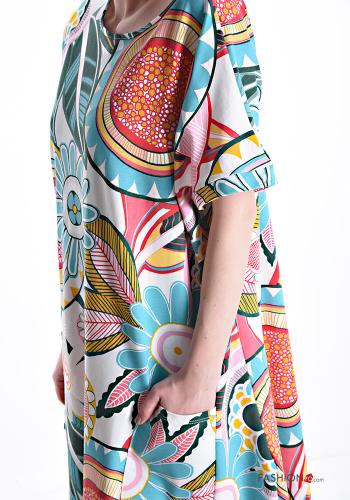 Patterned short sleeve Cotton Dress with pockets - ph 4