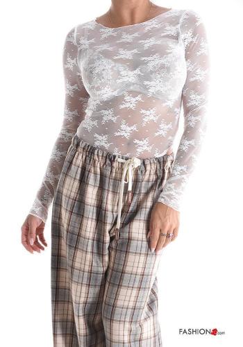 Camiseta de manga larga encaje cuello redondo Patrón bordado