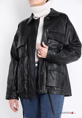 Kunstleder Jacke aus Baumwolle mit Taschen mit Schleife - ph 1