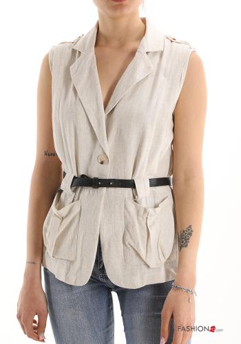 Linen Gilet with belt with pockets with buttons - ph 1