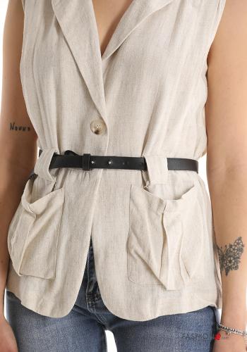 Linen Gilet with belt with pockets with buttons - ph 4