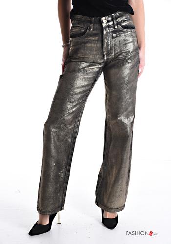 high waist metallic Cotton Jeans with pockets
