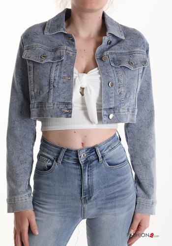 Blätterdruck Denim Jacke aus Baumwolle mit Knöpfen mit Taschen - ph 1