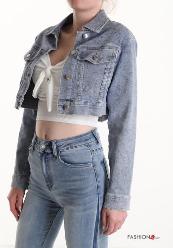 Blätterdruck Denim Jacke aus Baumwolle mit Knöpfen mit Taschen - ph 3