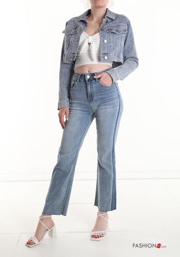 Blätterdruck Denim Jacke aus Baumwolle mit Knöpfen mit Taschen - ph 5