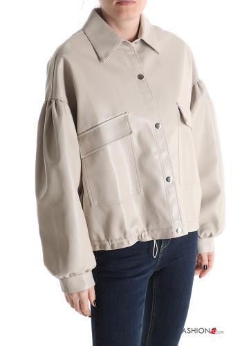 faux leather with collar Cotton Jacket with buttons with drawstring with pockets