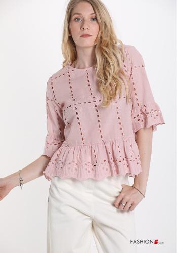 Besticktes Muster Bluse aus Baumwolle mit Volants - ph 1