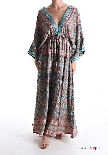 Patterned long Silk Dress with v-neck 3/4 sleeve - ph 1