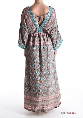 Patterned long Silk Dress with v-neck 3/4 sleeve - ph 2