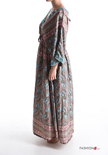 Patterned long Silk Dress with v-neck 3/4 sleeve - ph 3