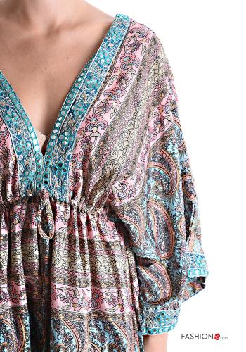 Patterned long Silk Dress with v-neck 3/4 sleeve - ph 4