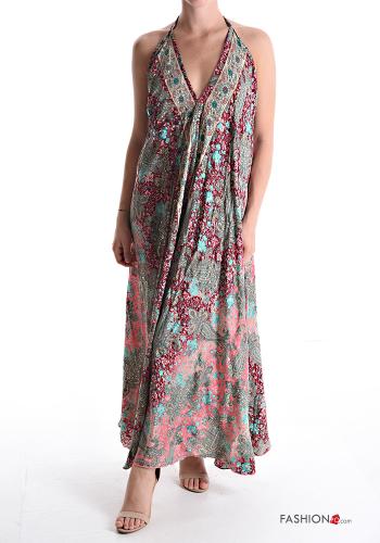 Floral sleeveless backless long Silk Dress with v-neck