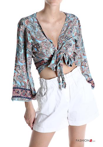 Jacquard print multipurpose Silk Top with bow with v-neck - ph 1