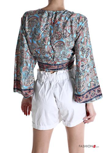 Jacquard print multipurpose Silk Top with bow with v-neck - ph 2