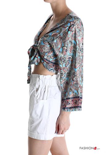 Jacquard print multipurpose Silk Top with bow with v-neck - ph 3