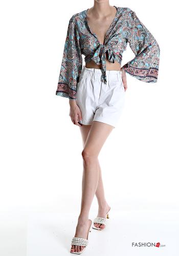 Jacquard print multipurpose Silk Top with bow with v-neck - ph 5