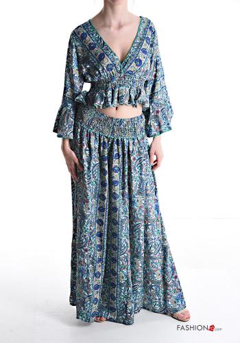 Jacquard print Silk Co-ord with v-neck 3/4 sleeve with elastic with flounces - ph 1
