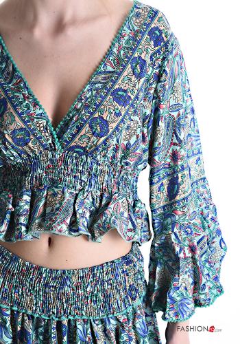 Jacquard print Silk Co-ord with v-neck 3/4 sleeve with elastic with flounces - ph 4