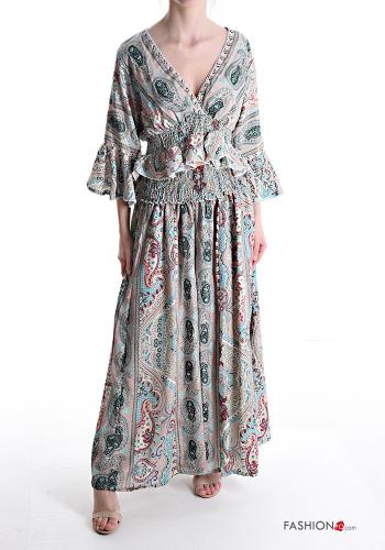 Patterned Silk Co-ord with v-neck 3/4 sleeve with elastic with flounces - ph 1
