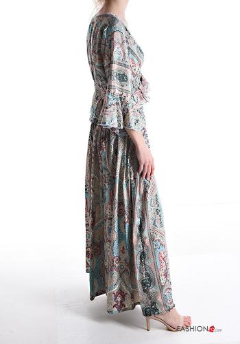 Patterned Silk Co-ord with v-neck 3/4 sleeve with elastic with flounces - ph 3