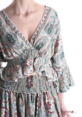 Patterned Silk Co-ord with v-neck 3/4 sleeve with elastic with flounces - ph 4