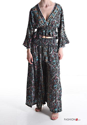 Patterned Silk Co-ord with flounces with elastic with v-neck - ph 1