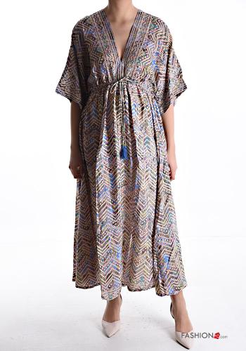 Abstract print short sleeve backless long Silk Dress with v-neck plunging neckline