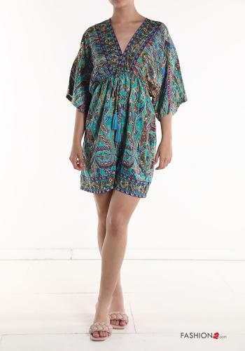 Jacquard print short sleeve Silk Jumpsuit with v-neck with drawstring