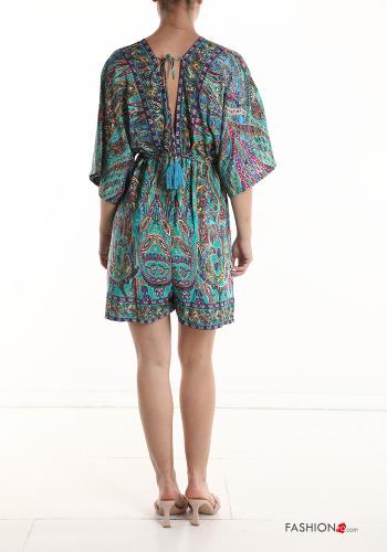 Jacquard print short sleeve Silk Jumpsuit with v-neck with drawstring - ph 2