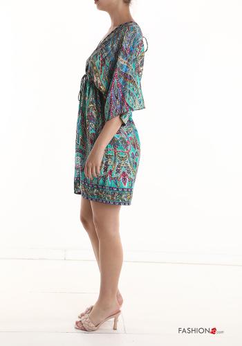 Jacquard print short sleeve Silk Jumpsuit with v-neck with drawstring - ph 3