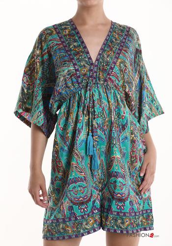 Jacquard print short sleeve Silk Jumpsuit with v-neck with drawstring - ph 4