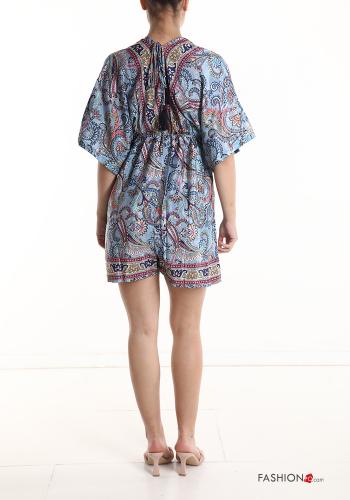 Jacquard print short sleeve Silk Jumpsuit with v-neck with drawstring - ph 2