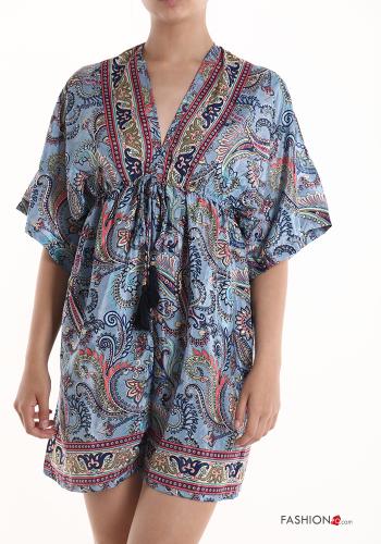 Jacquard print short sleeve Silk Jumpsuit with v-neck with drawstring - ph 4