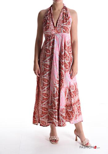 Patterned sleeveless backless long Silk Dress with v-neck