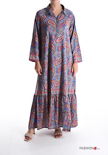 Vestido em Seda oversize longo com gola Padrão jacquard com folhos com botões