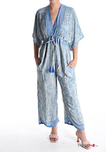 Jumpsuit in Seta maniche corte Fantasia stampata con tasche scollo a V - ph 1