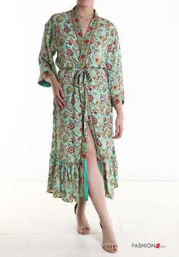 Jacquard print Silk Kimono with fabric belt 3/4 sleeve with flounces - ph 1