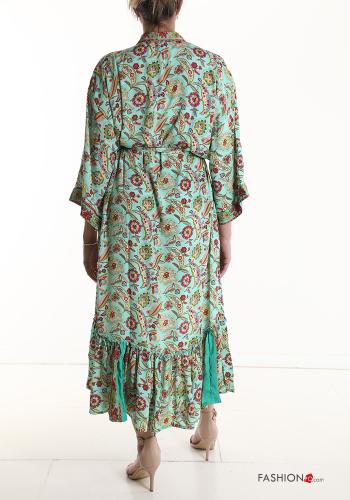 Jacquard print Silk Kimono with fabric belt 3/4 sleeve with flounces - ph 2