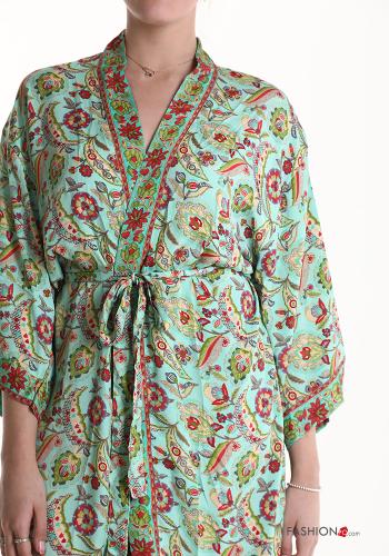 Jacquard print Silk Kimono with fabric belt 3/4 sleeve with flounces - ph 4
