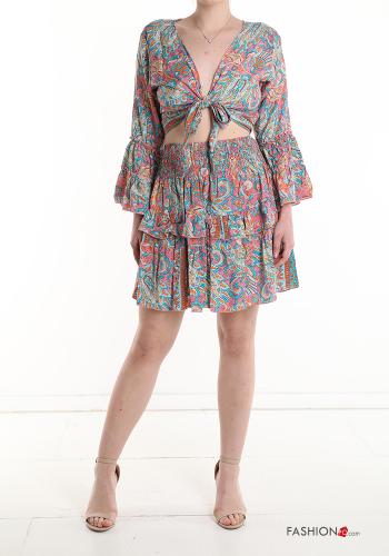Ensemble coordonné en Soie manches longues Imprimé jacquard à col en V avec élastique à volants - ph 1