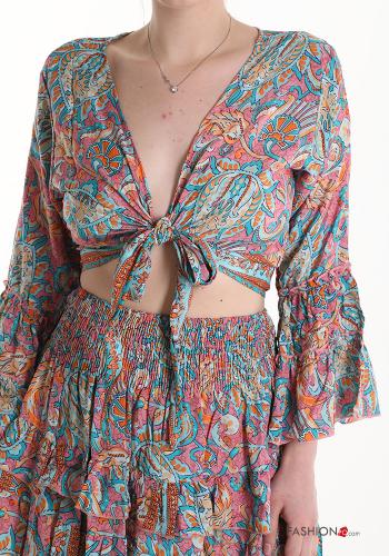 Ensemble coordonné en Soie manches longues Imprimé jacquard à col en V avec élastique à volants - ph 4