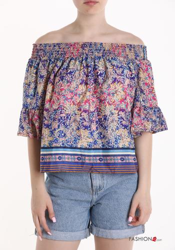 Top en Soie Imprimé jacquard avec élastique à volants manches à trois-quarts