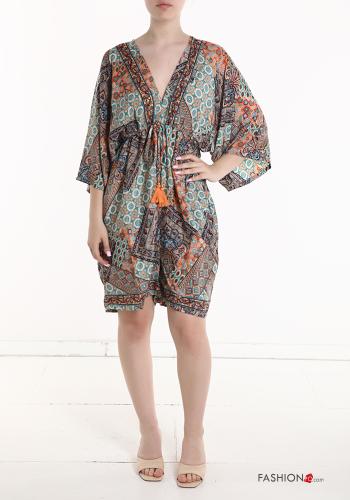 Jumpsuit in Seta maniche corte Fantasia stampata scollo a V