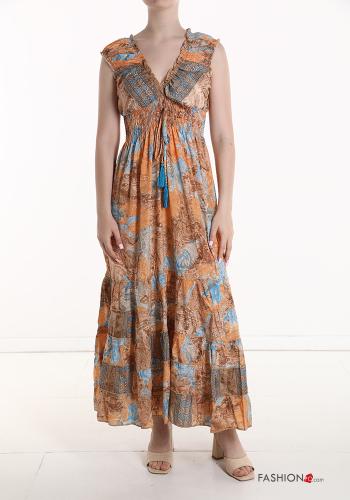 Patterned short sleeve long Silk Dress with flounces with v-neck