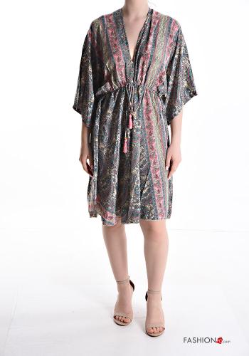 Patterned short sleeve knee-length Silk Dress with v-neck