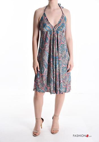 Robe en Soie à genoux à dos nu sans manches Imprimé jacquard à col en V