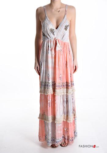 sleeveless long Dress with flounces with bow with fringe with v-neck