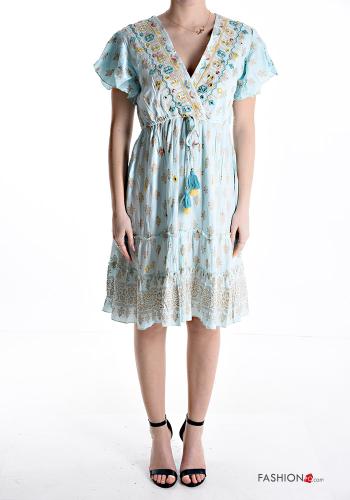 Embroidered short sleeve knee-length Dress with flounces with v-neck
